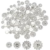 PATIKIL 100 Pcs Sew on Rhinestones Crystals 8mm 10mm 12mm 14mm, 3 Layers Sewing Flower Claw Rhinestones Glass Gems Metal Base for DIY Craft Dress Clothes Belt Decoration, Silver/White