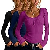 Velvelhall 3 Pack Women's Long Sleeve Henley T Shirts Button Down Scoop Neck Slim Fit Ribbed Knit Casual Clothes Layer Tops