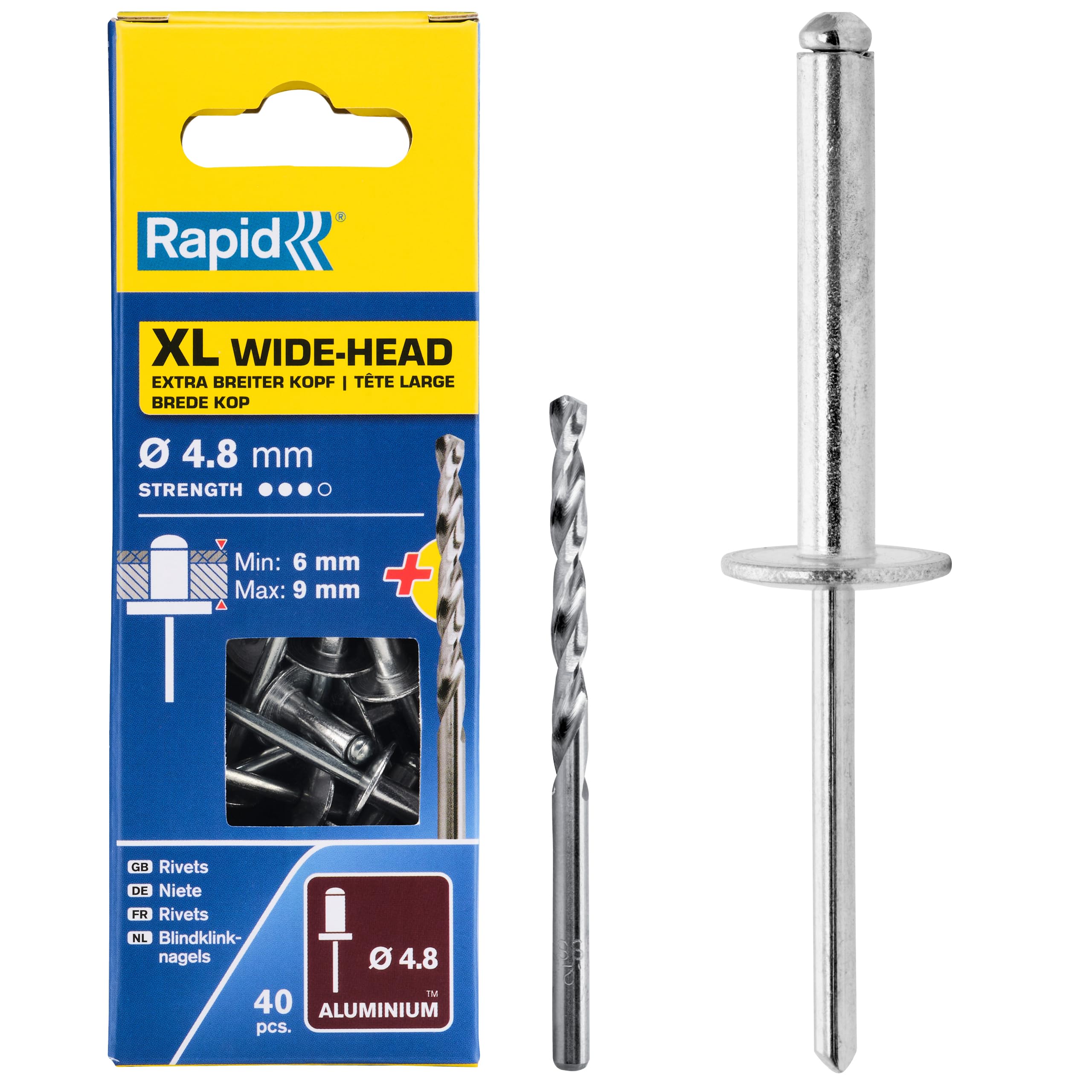 Rapid XL Rivets Including Drill Bit, Ø4.8 x 16 mm, Pack of 40, 5000665