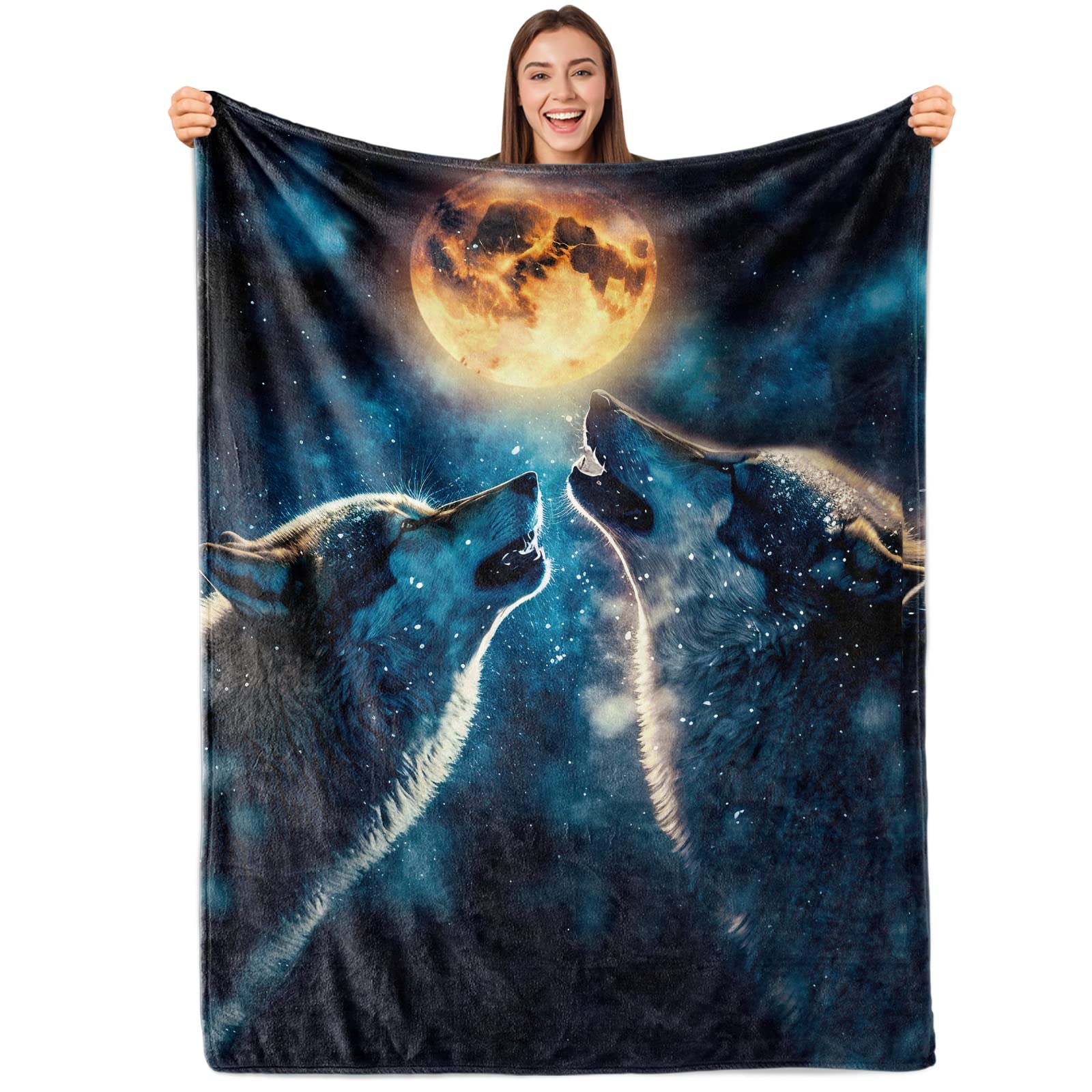 Sowide Wolf Blanket Gift for Adults and Kids Family Animal Wolf Moon Blanket Super Soft Plush Flannel Throw Blanket for Couch Bed Sofa 60''x80'', Blue-02