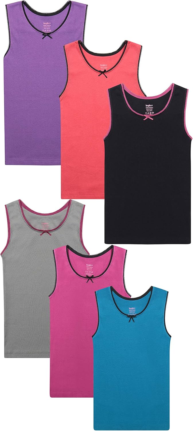 Buyless Fashion Girls Tagless Cami Scoop Neck Undershirts Cotton Tank with Trim and Strap (6 Pack): Clothing