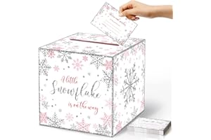 Fumete 51 Pcs Winter Wonderland Snowflake Diaper Raffle Card Box with Diaper Raffle Tickets, Little Snowflake Is on The Way, for Christmas Baby Shower Game Gender Reveal Party Decoration Supply Prize