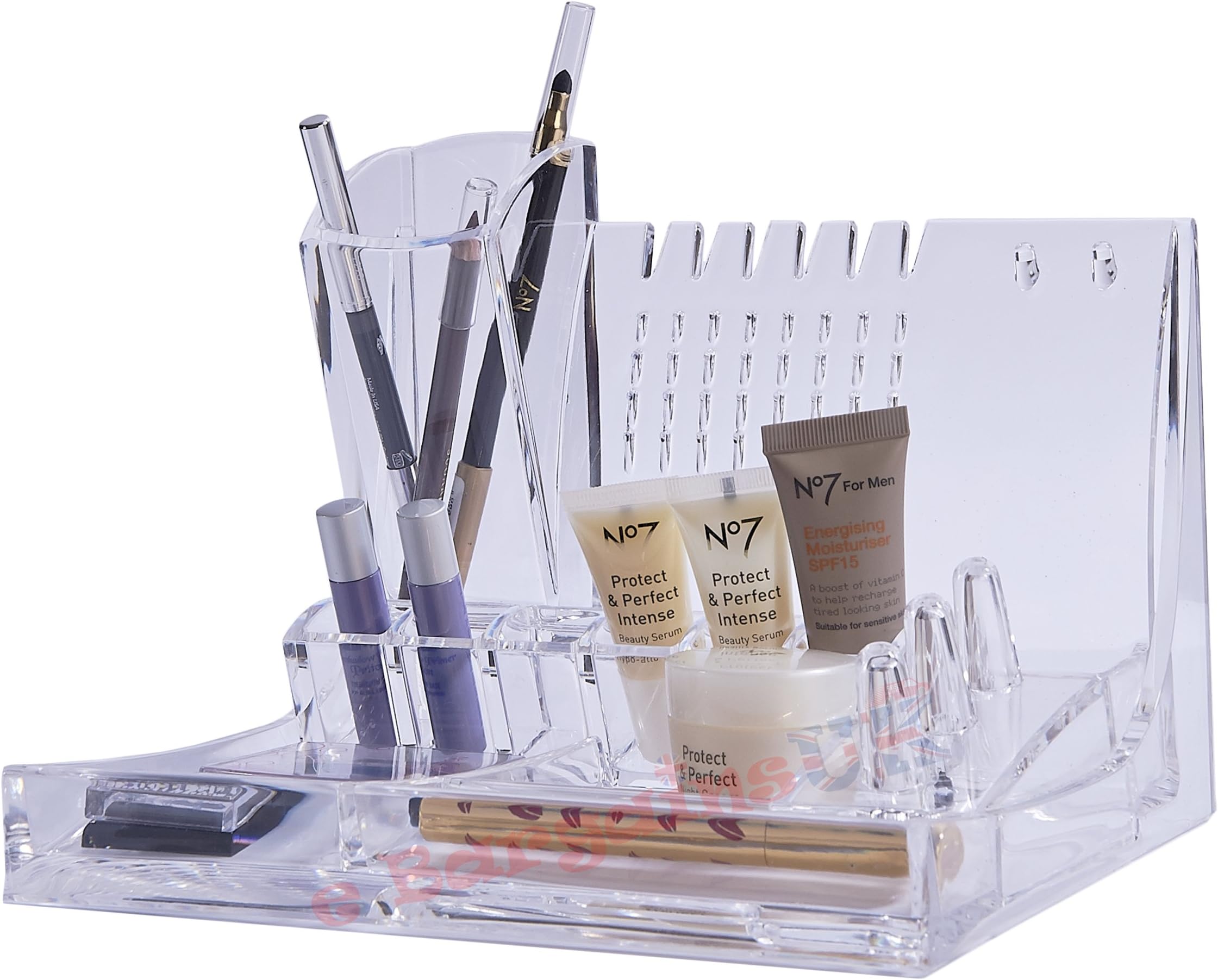 GLAMSMACKED BEAUTY CLEAR ACRYLIC COSMETIC AND JEWELLERY ORGANIZER / MAKE UP NAIL POLISH VARNISH DISPLAY STAND / ORGANISER / RACK / HOLDER CAN ALSO BE USED FOR MAKEUP BRUSH SETS, JEWELRY AND ARTS AND CRAFT - 11 SECTIONS + 3 RING HOLDERS, EARRING SLOTS, NECKLACE AND BRACELET HOOKS