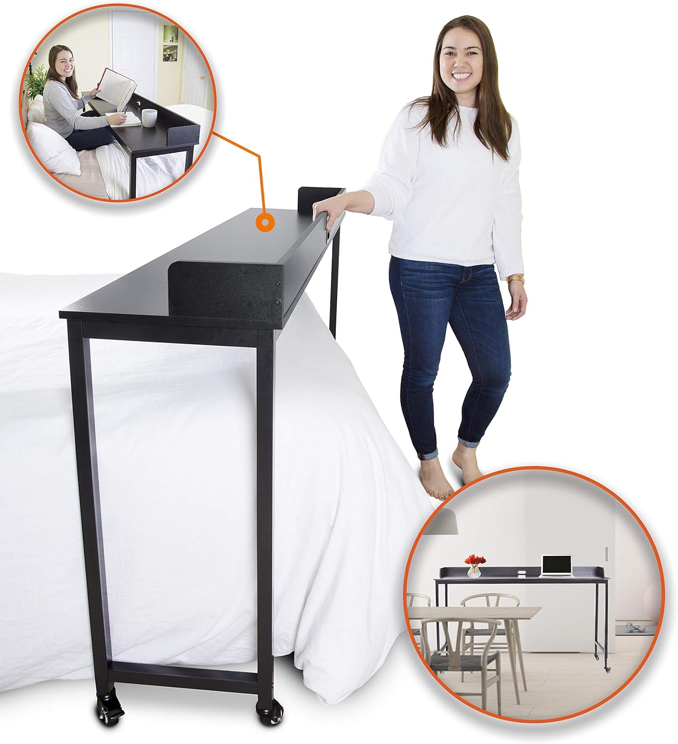 Joy Overbed Table with Wheels | Height Adjustable Rolling Bed Desk for Full/Queen Beds | Mobile Multi-Functional Table | Great for Bedroom, Dining Room, Living Room (Height: 40" - 46" / Black): Kitchen & Dining