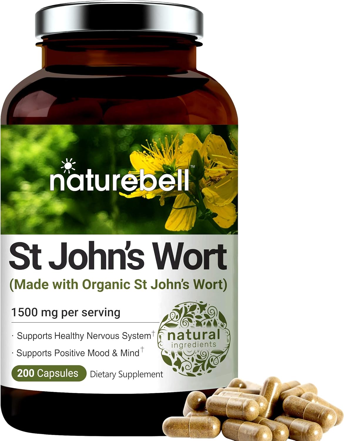 St John's Wort Supplement, Made with Organic St John's Wort Complex, 1500 mg Per Serving, 200 Capsules, Strongly Supports Positive Mood, Mind and Nervous System, No GMOs: Health & Personal Care