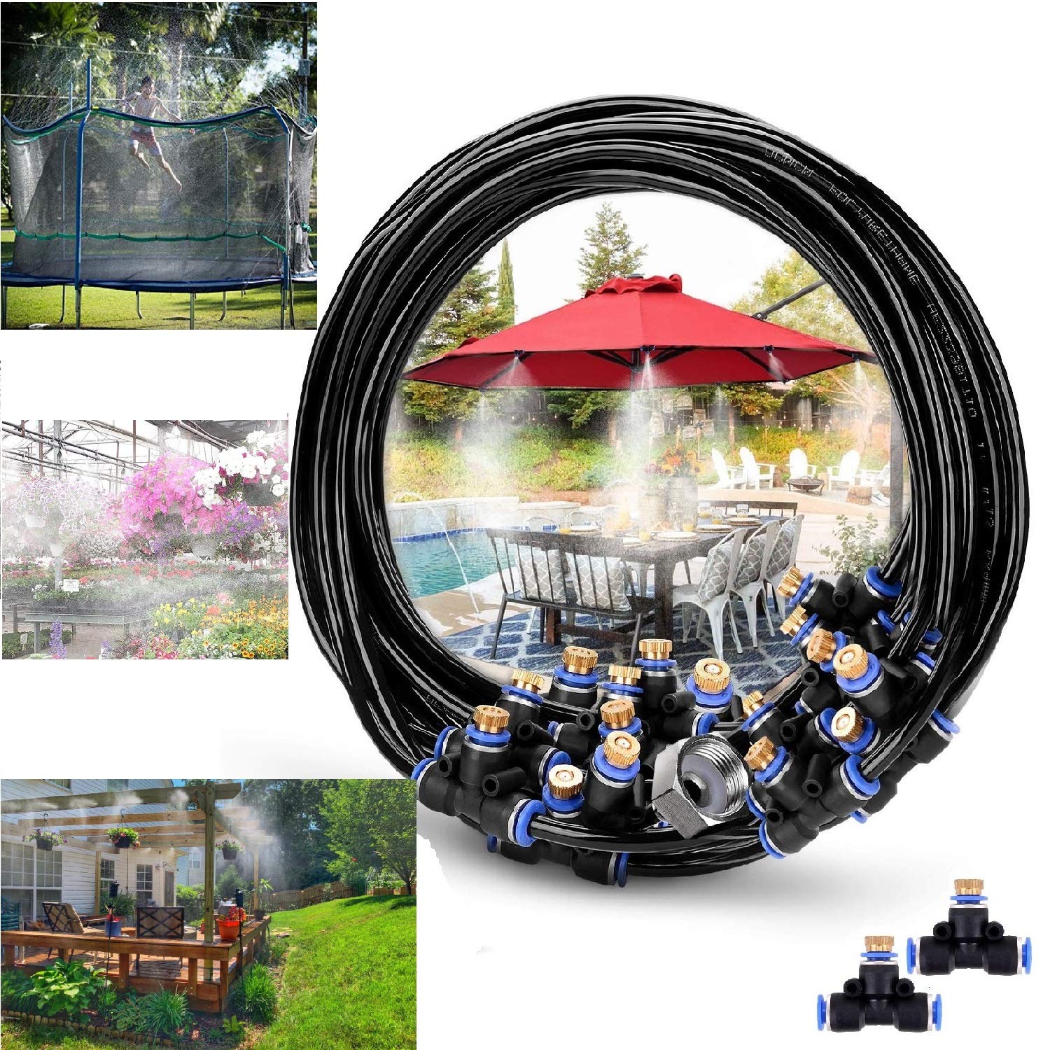 RUITN Misting Cooling System 76ft Misting Line 25 Brass Mist Nozzles Brass Adapter(3/4") Outdoor Misters for Patio Garden Greenhouse Trampoline waterpark