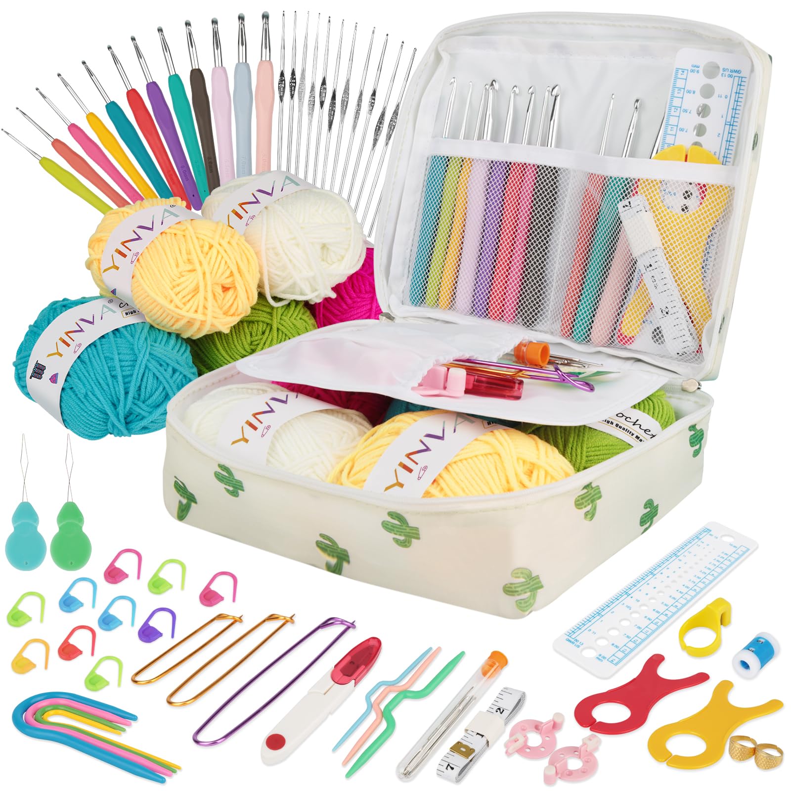 YINVA Crochet Kits Crochet Hooks Set for Beginners Adults Knitting Kit Ergonomic Metal Crochet Hooks Knitting Accessories Tools Crochet Wool Yarn Storage Case Needles Crochet Starter Kit
