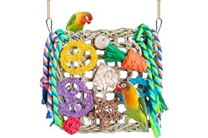 WQY Groceryshop Parrot Toys, Foraging Shredding Seagrass Wall for Birds, Seagrass Woven Climbing Hammock Mat with Colorful Chewing Toys for Lovebirds, Parakeets, Budgerigars, Conure, Cockatiel