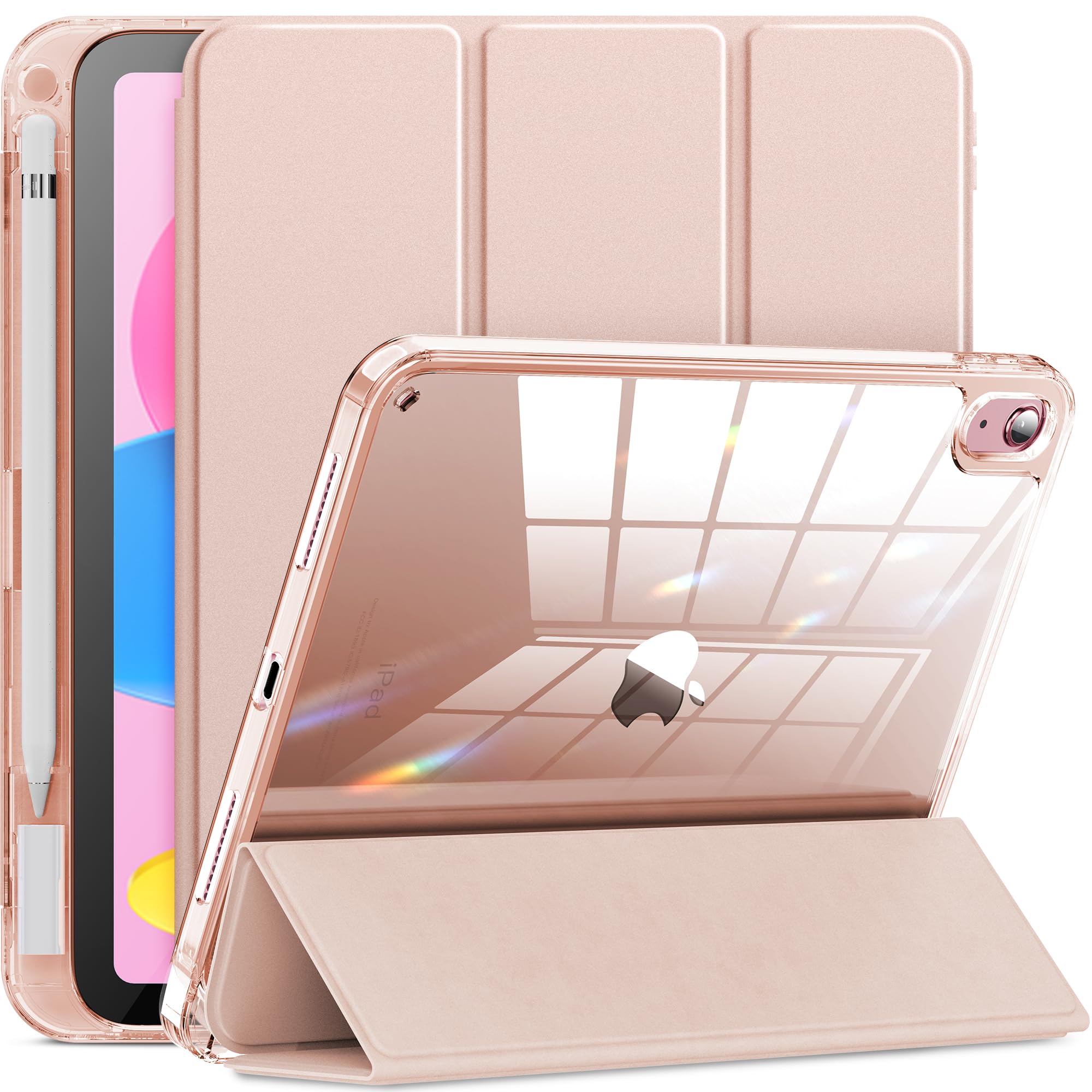 INFILAND Compatible with iPad 10th Generation Case 2022, iPad Case 10th Generation 10.9 Inch, Full Crystal Clear [ Anti-Yellowing ] with Special Slot for Pencil & Charging Adapter, Rose Gold