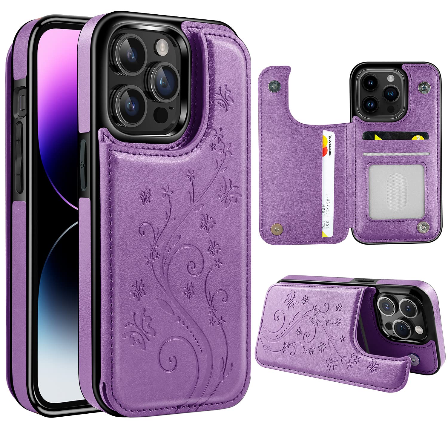 Photo 1 of Korecase Compatible with iPhone 15 Pro Wallet Case with Card Holder, Butterfly Double Magnetic Back Flip PU Leather Kickstand Card Slots Cover for Girls Women Fits iPhone 15 Pro?Purple