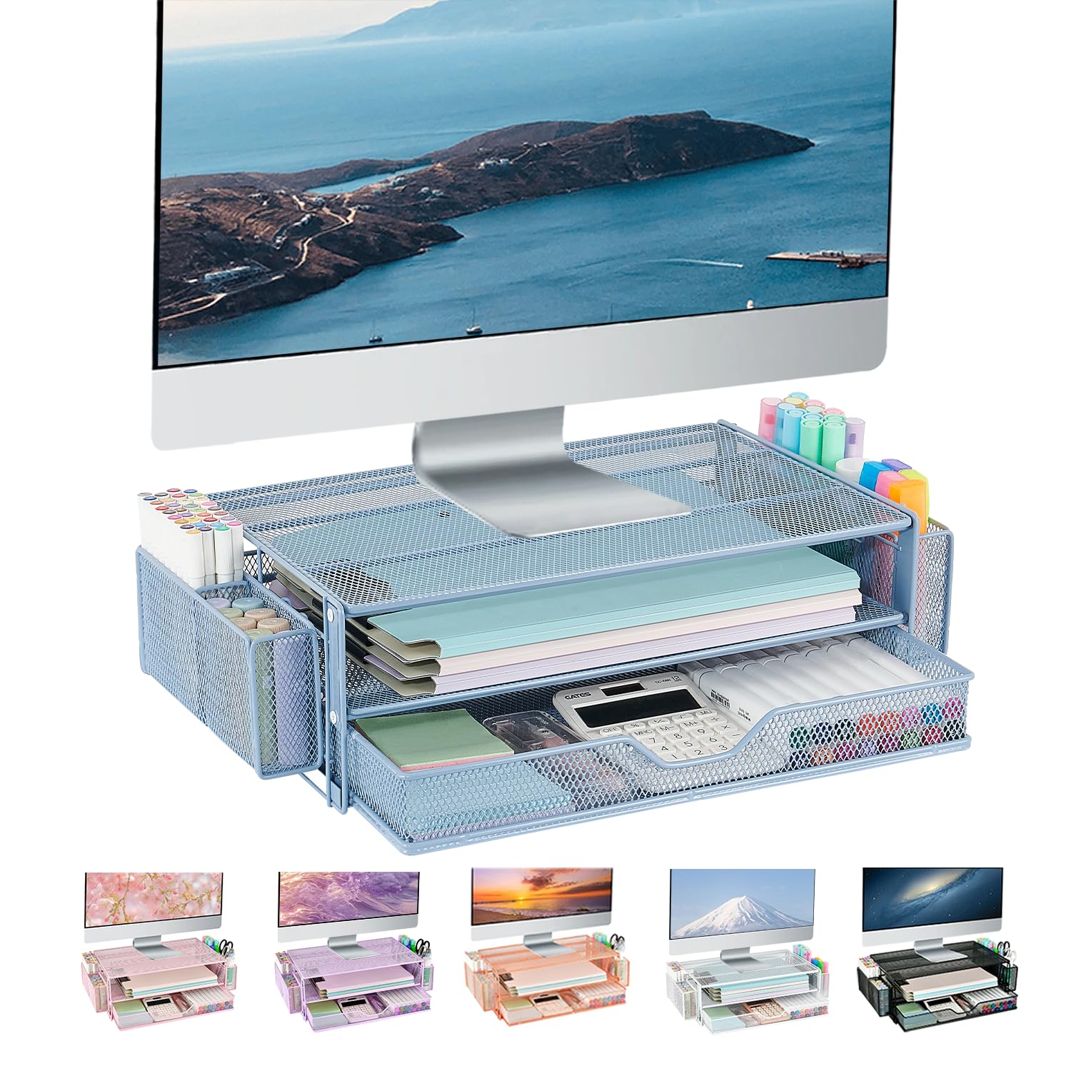 Photo 1 of AUPSEN Computer Monitor Stands Riser?2-Tier Desk Organizers and Accessories, Office Desk Accessories Organizer with Drawers and 2 Pen Holder for Office Supplies (Blue)