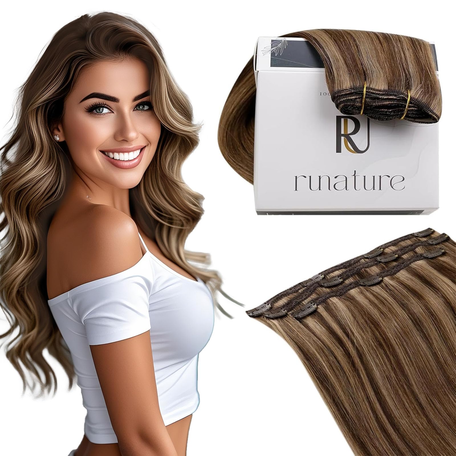 RUNATURE Clip in Hair Extensions Real Hair Dark Brown Highlights Honey Blonde Clip in Human Hair Extension Straight Clip in Hair Extensions Double Weft 50g 3 Pieces 16 Inch — image 1