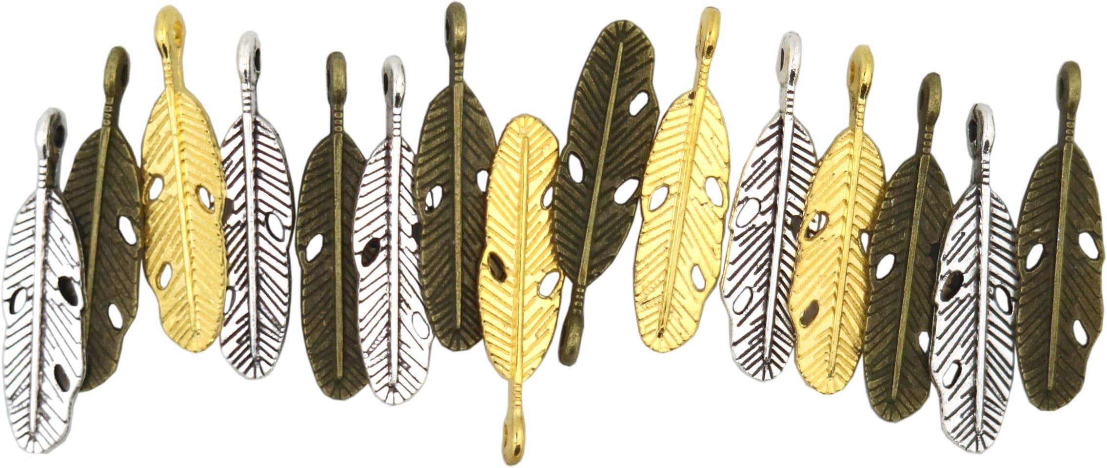 100pcs Mixed Antique Broneze /Antique Silver Gold Feather Charms Pendants Bracelet Necklace Jewelry Making DIY Charm (Feather)
