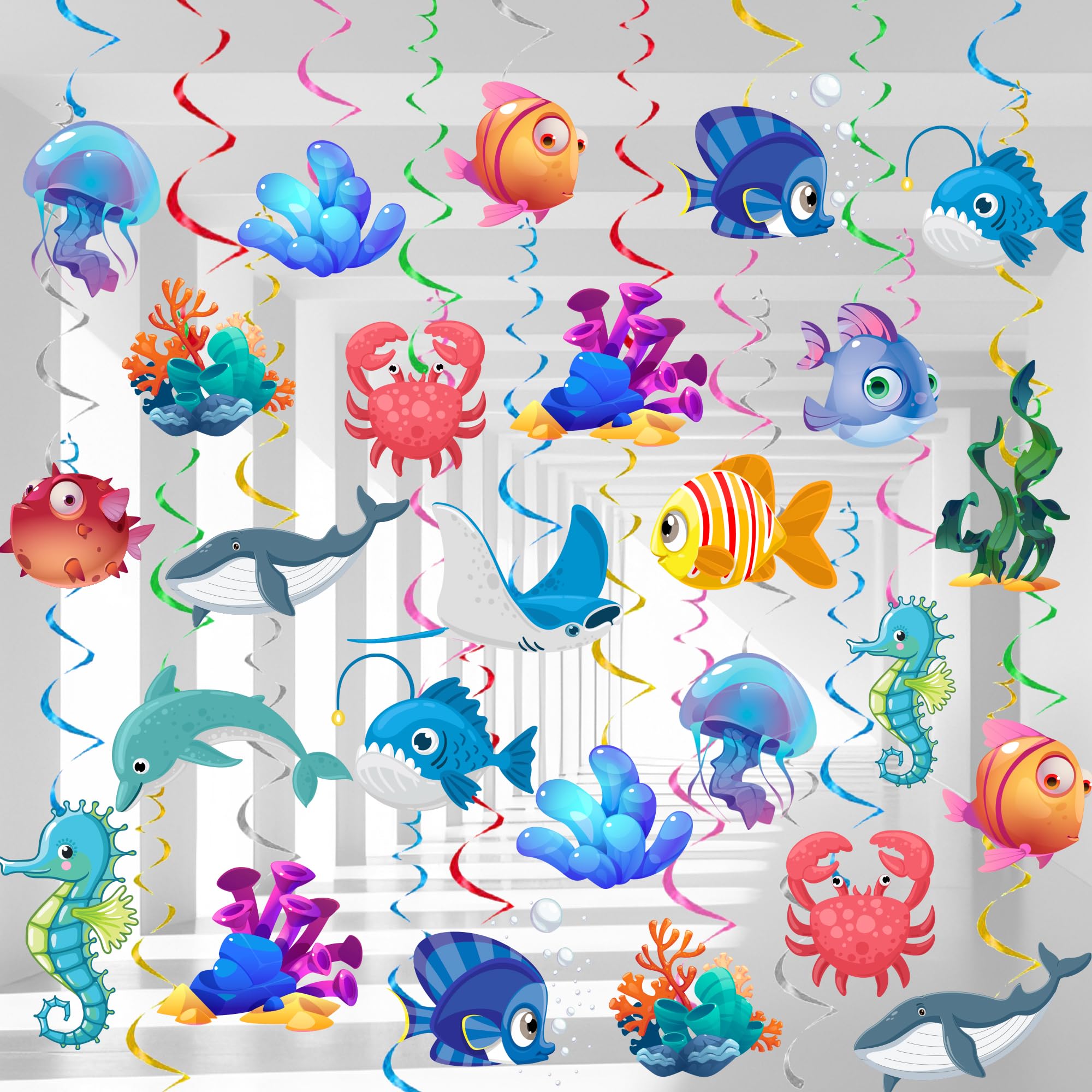 Sea Animals Hanging Swirl, 32 Pcs Marine Animal Hanging Swirls, Under Sea Hanging Swirls Decor & Ocean Animal Hanging Swirls for Sea Animal Hanging Decorations & Under The Sea Party Decorations