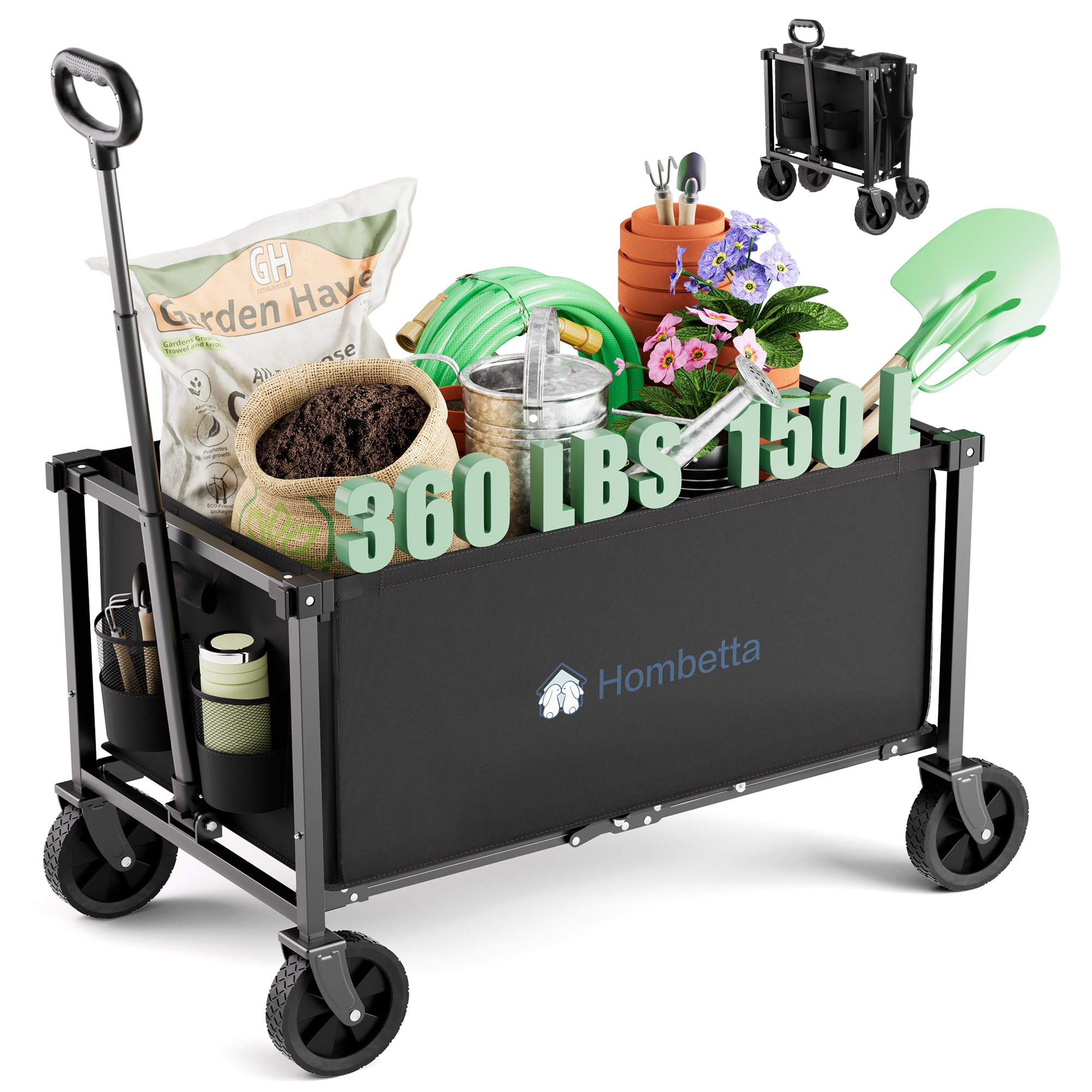 Photo 1 of ***(MISSING CLOTH)***Hombetta Collapsible Wagon Cart with Wheels, 150L Lightweight Foldable Utility Cart, Portable Rolling Wagon for Garden, Shopping, Sports, Camping, Transport, Black