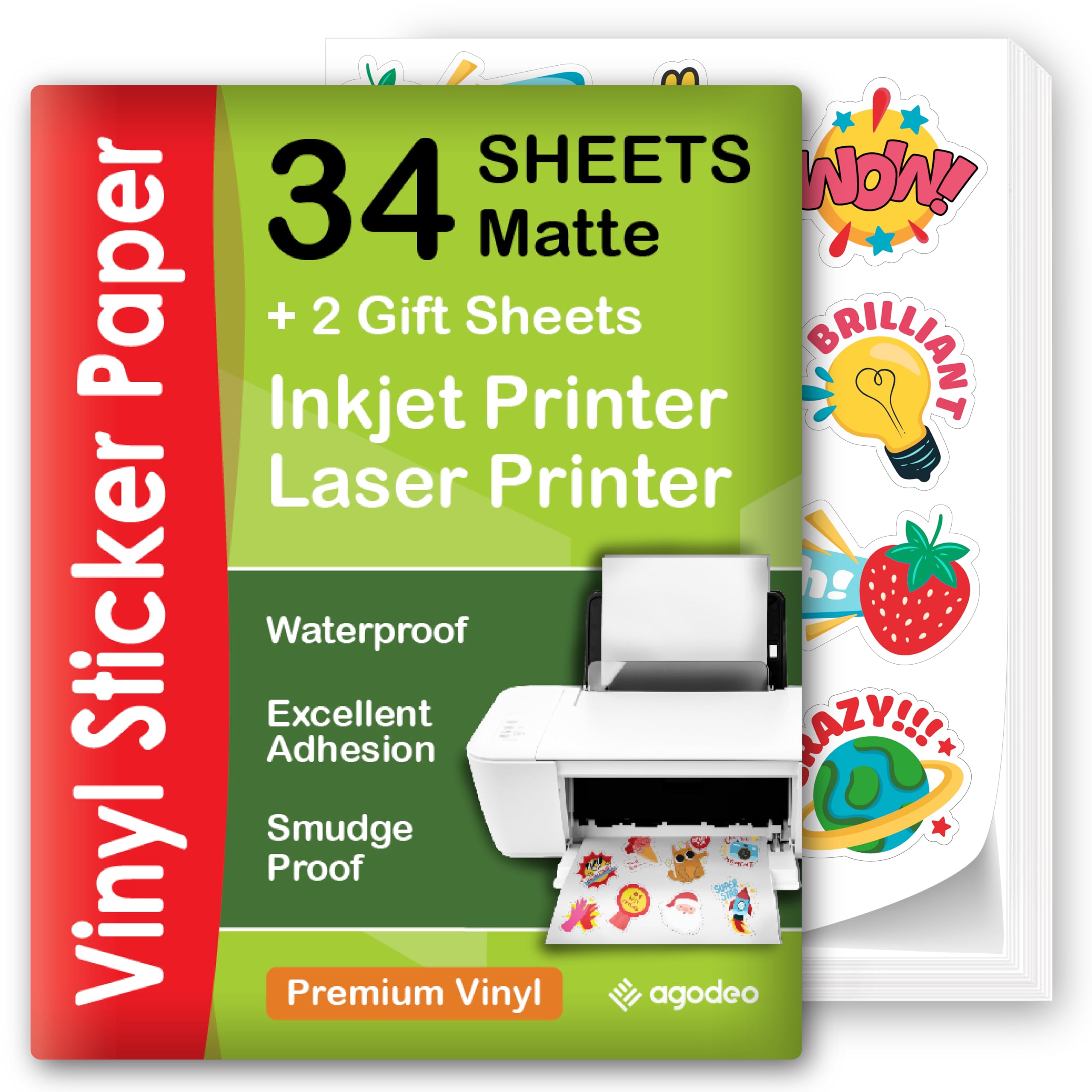 Premium Printable Vinyl Sticker Paper - 34 Sheets - A4 - Matte - Waterproof - Laser & Inkjet Printable Vinyl Sticker Paper - Printable Sticker Paper That Dries Quickly - Compatible with Cricut