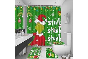 FCBZDQ 4Pcs Merry Christmas Shower Curtain Sets with Non-Slip Rugs, Toilet Lid Cover and Bath Mat, Xmas Winter Holiday Bathroom Decor with 12 Hooks 72 x 72 Inch