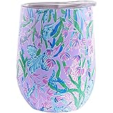 Lilly Pulitzer 12 Oz Insulated Tumbler with Lid, Yellow/Green Stainless Steel Travel Wine Glass, Double Wall Metal Cup (Secret Escape)