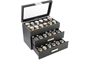 Glenor Co 36 Slot Watch Box for Men - Mens Watch Case w Large Glass Lid, Luxury Carbon Fiber Design Mens Watch Box - Watch Holder for Men w Metal Accents & Sturdy Hinges, Watch Display Case Drawer &