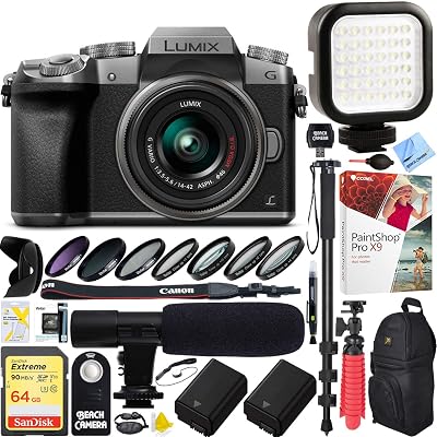 Panasonic LUMIX G7 Interchangeable Lens 4K Ultra HD Silver DSLM Camera with 14-42mm Lens Bundle with 64GB Memory Card, Microphone, LED Light and Accessories 17 Items