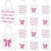Amylove 30 Pcs Valentine's Day Pink Bow Clear Gift Bags with Handles Pink Bow Coquette Party Favor PVC Goodie Treat Candy Tote Bag for Wedding Birthday Baby Shower