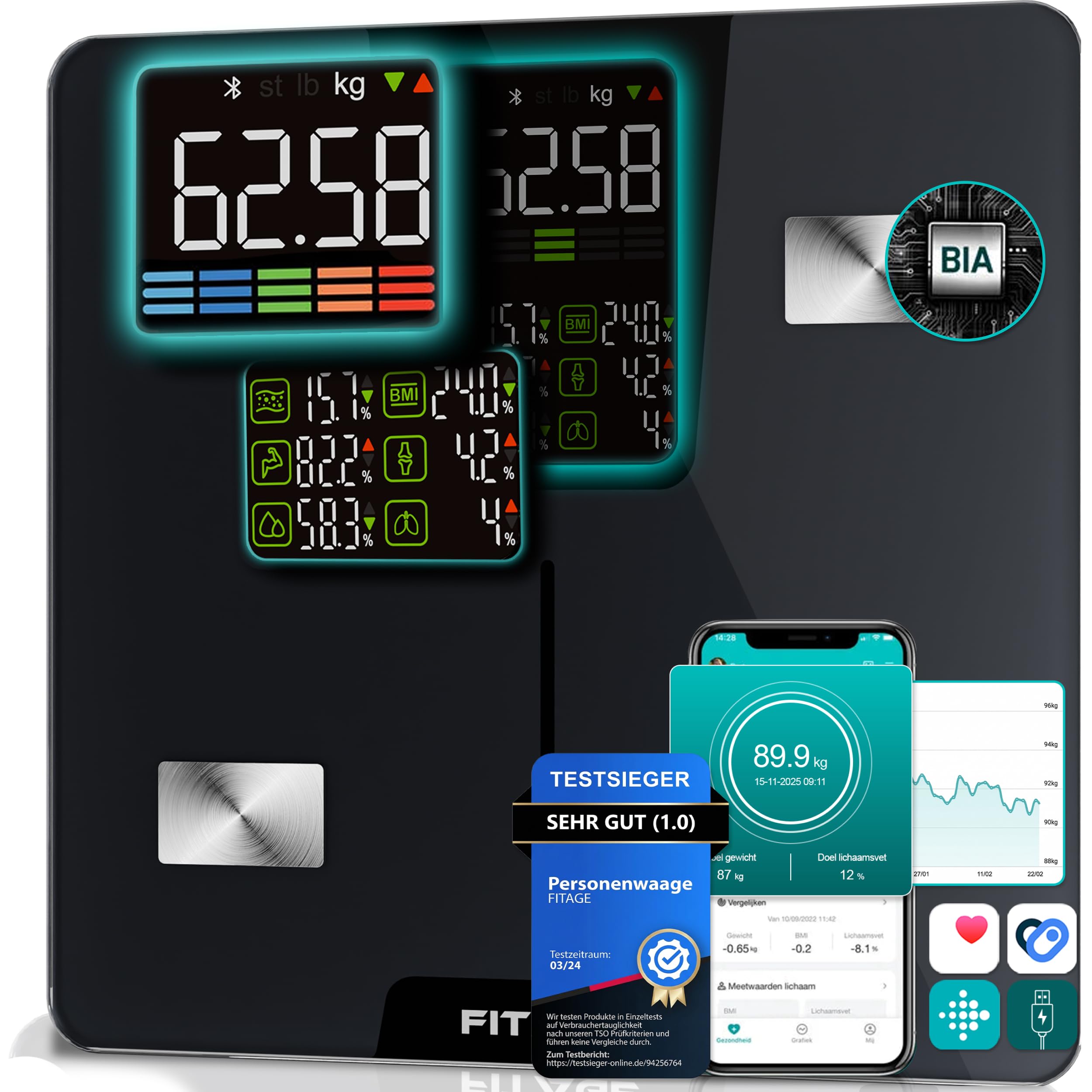 Personenwaage digital Testsieger 2025, Körperwaage bis 225kg, Körperfettwaage mit 17 Körpermesswerten, Körperanalyse mit App, Waage mit Körperfett und Muskelmasse mit großem LED-Display - Schwarz