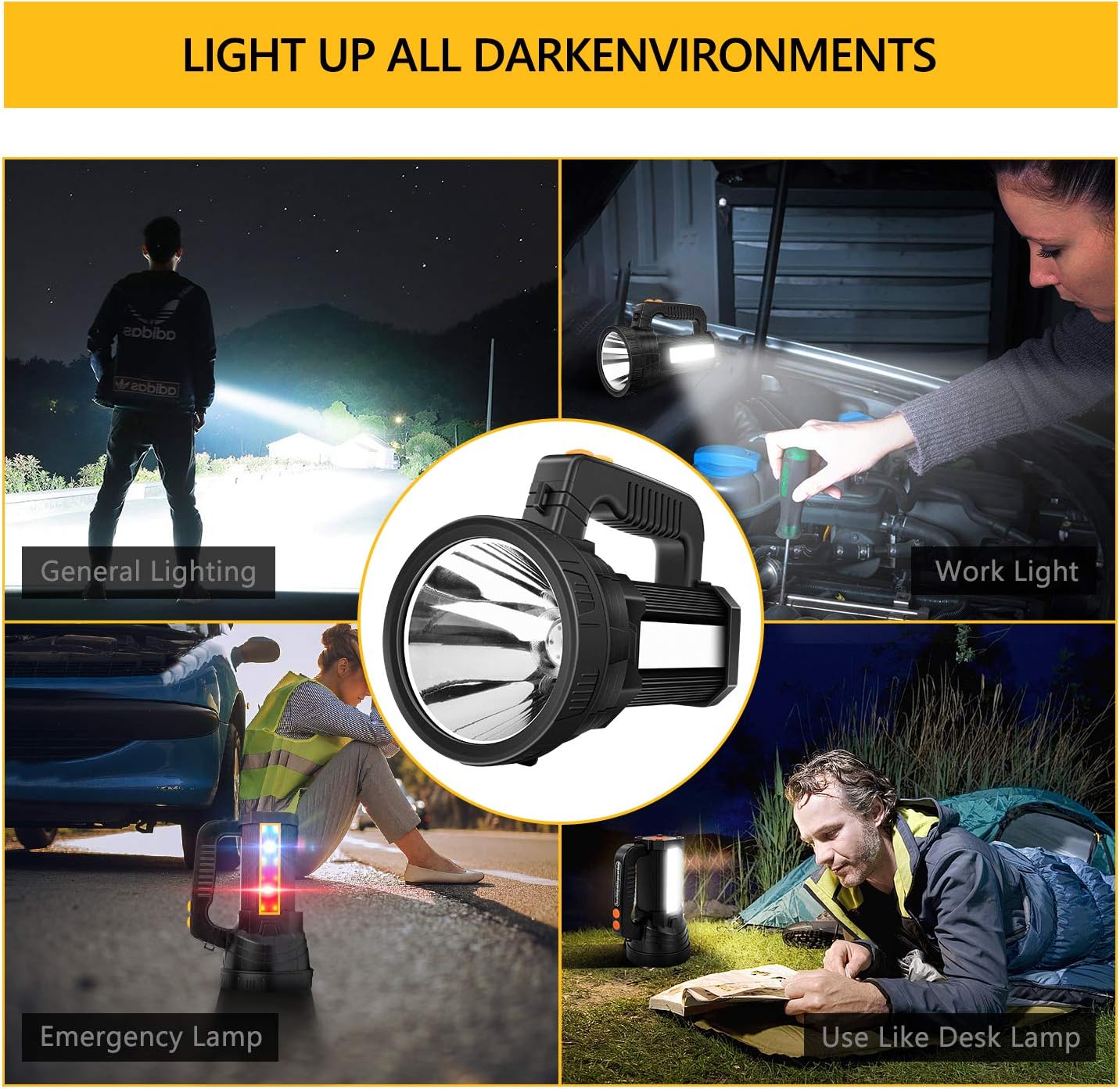 Brightest Spotlight Hand-held Portable LED Flashlight 6000 lumens 9600mAh Rechargeable Long Lasting LED Searchlight Super Bright Torchlight with USB Output Function IPX4 Waterproof (Black) - - 