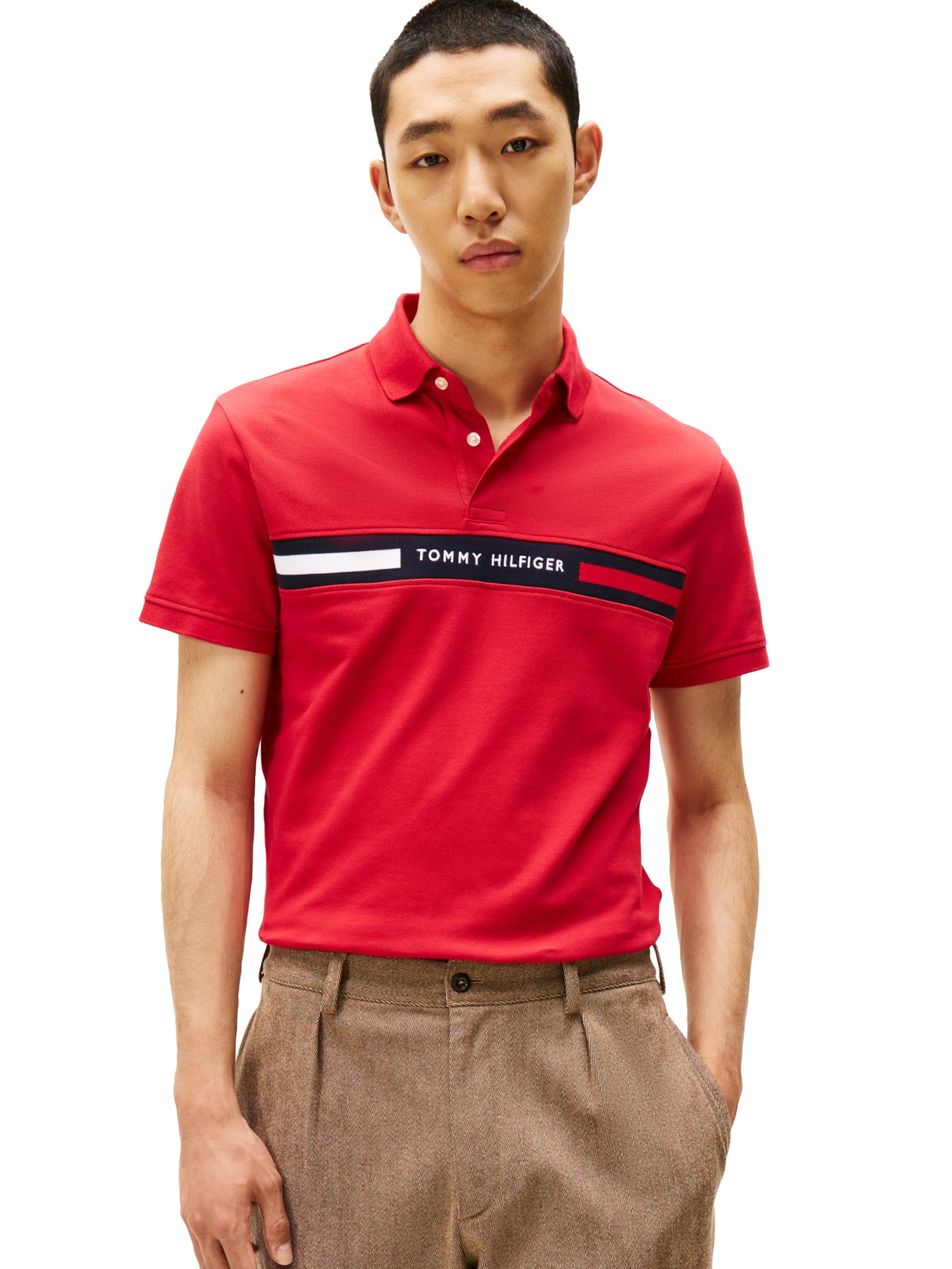 Tommy Hilfiger Men’s Chest Insert Regular Short Sleeve Polo,Medium Red X-Small