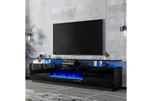 LUXOAK 80" Fireplace TV Stand, Modern High Gloss Finish Media Console with 40" Electric Fireplace, Open Storage Entertainment Center for TVs Up to 90" with LED Lights, Black