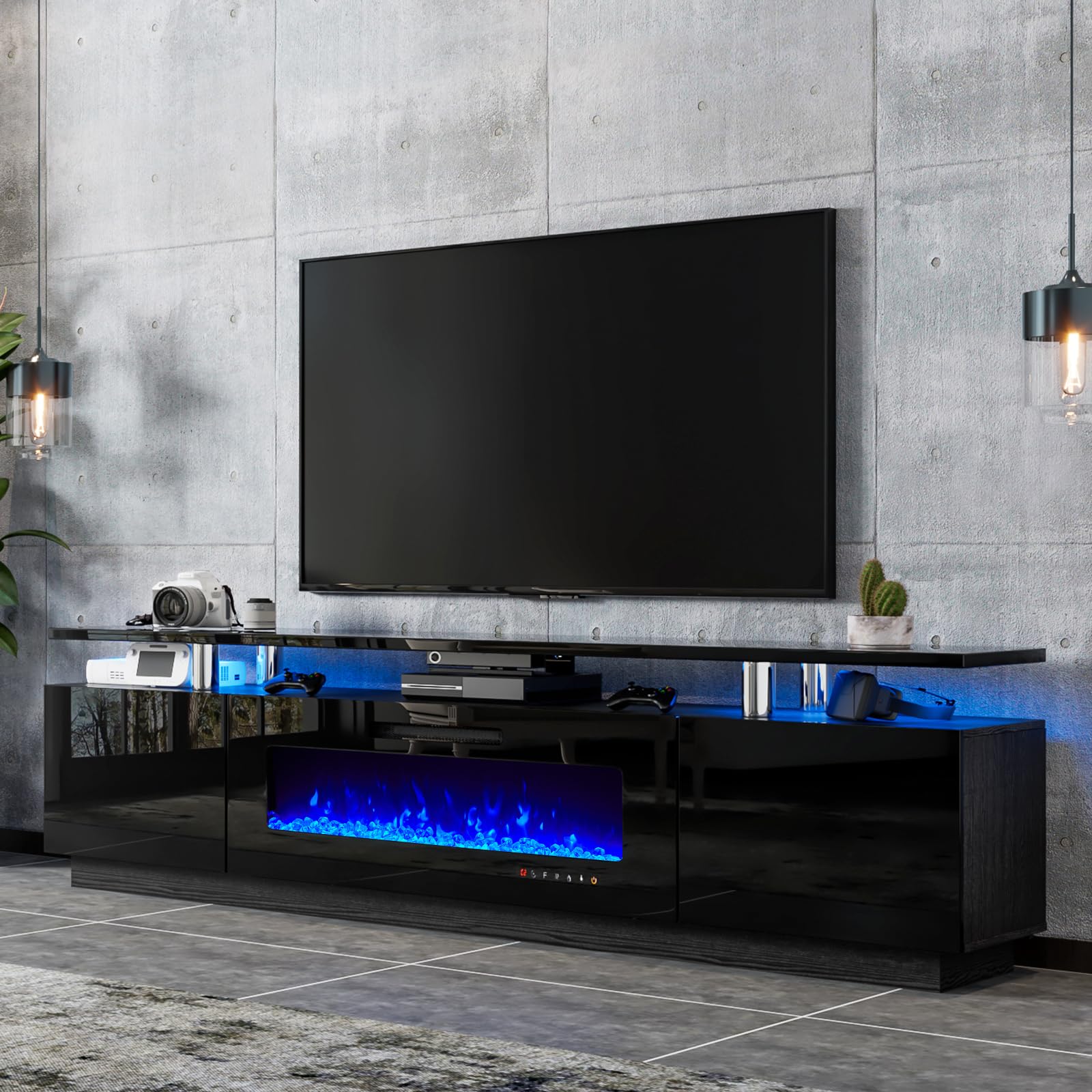 Photo 1 of (1/2box)
LUXOAK 80" Fireplace TV Stand, Modern High Gloss Finish Media Console with 40" Electric Fireplace, Open Storage Entertainment Center for TVs Up to 90" with LED Lights, Black