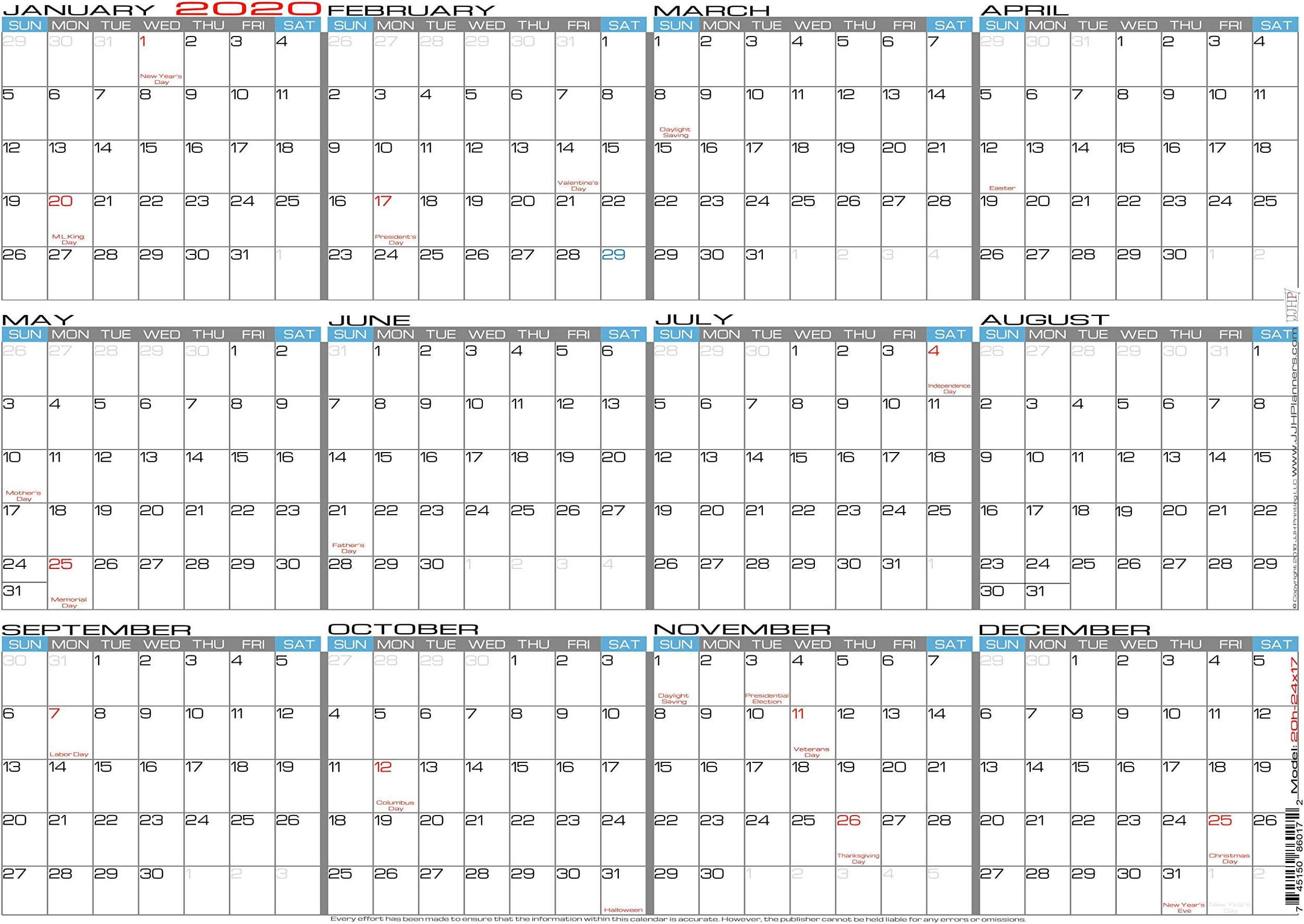 JJH Planners - Laminated - 24" X 17" Medium 2020 Erasable Wall Calendar - Horizontal 12 Month Yearly Annual Planner (20h-24x17)