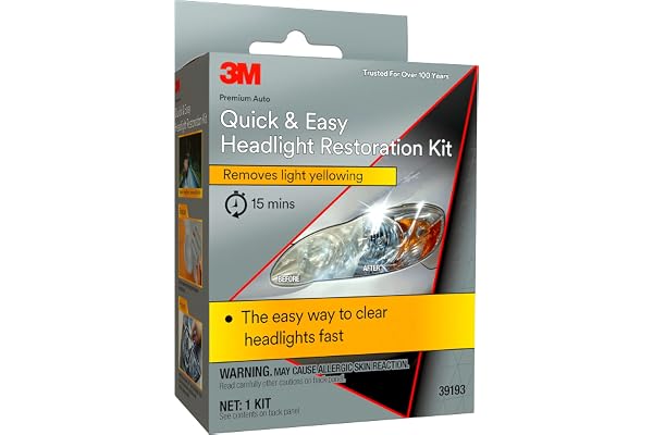 3M Quick and Easy Headlight Restoration Kit, Removes Light Yellowing in 15-Minutes, 39193, 1 Kit