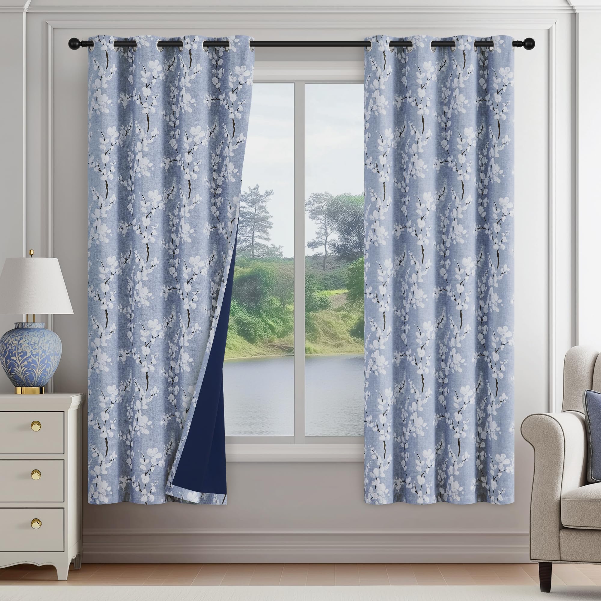 FMFUNCTEX 100% Blackout Floral Curtains for Bedroom, Blue Curtains 63 inch Length Blossom Flower Patterned for Living Room, Thermal Insulated Farmhouse Drapes, Grommet Top 2 Panels (White on Blue)