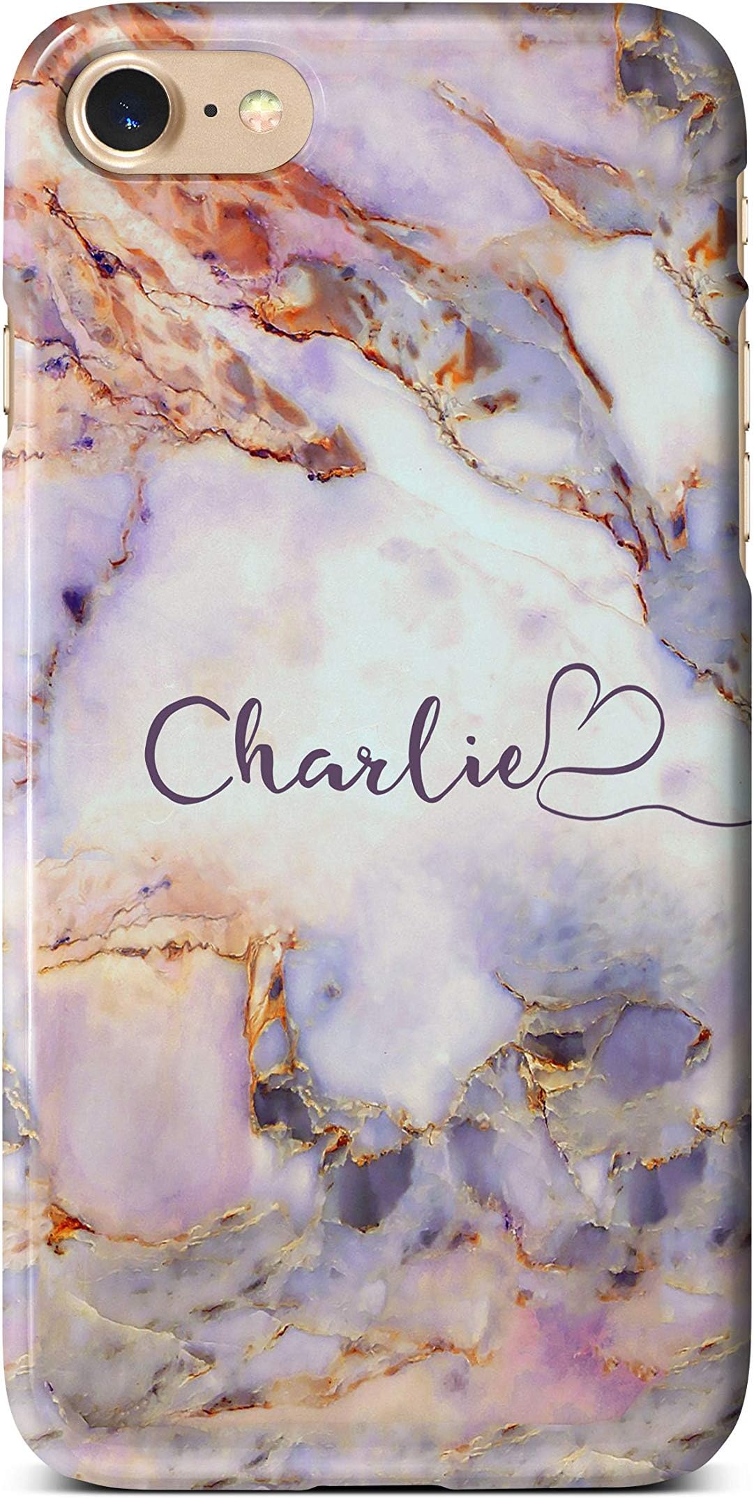 iCaseDesigner Personalised Marble Glitter Flowing Name with Heart Phone Case for Apple iPhone 7/8-8. Purple Colourful Marble Name