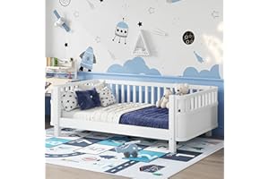 DUXELIFIN Twin Size Bed Frame for Kids with Rails, Montessori Floor Bed, Solid Wood Kids Day Beds with Slats Support, Low Profile Twin Bed with Pine Wood Frame for Boys and Girls, White