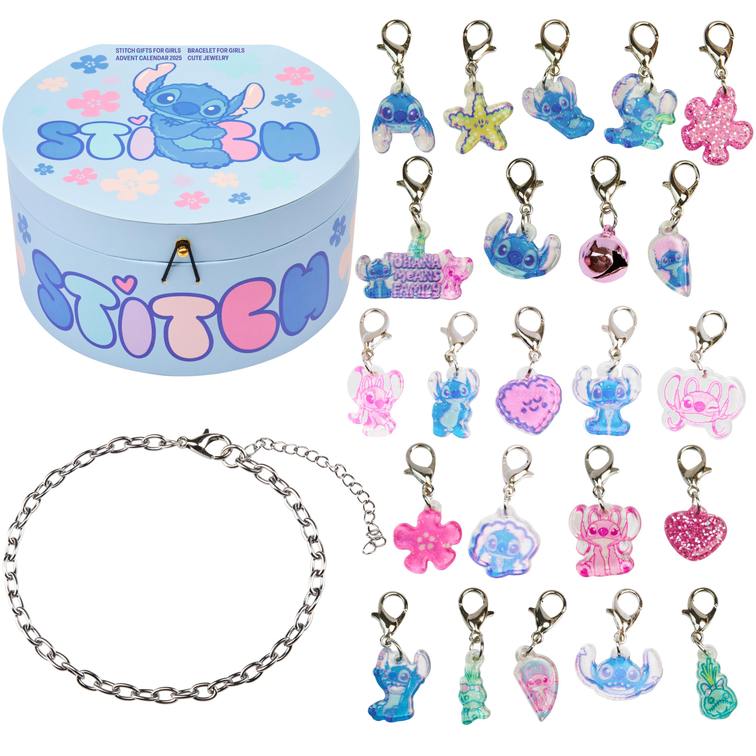 Disney Stitch Advent Calendar 2025 Girls Teens, Jewellery Christmas Countdown Calendar, with Silver Bracelet & Charms, Xmas Festive Gifts (Blue Stitch)