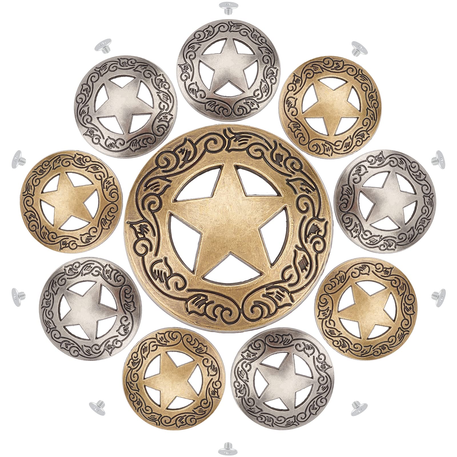 GORGECRAFT 1 Box 10 Sets Screw Back Button Engraved Star Concho Hollow Out Decorative Buttons Round Vintage Bronze and Silver Metal Tack Buckle Replacement Castings Western Rodeo DIY Leather Craft