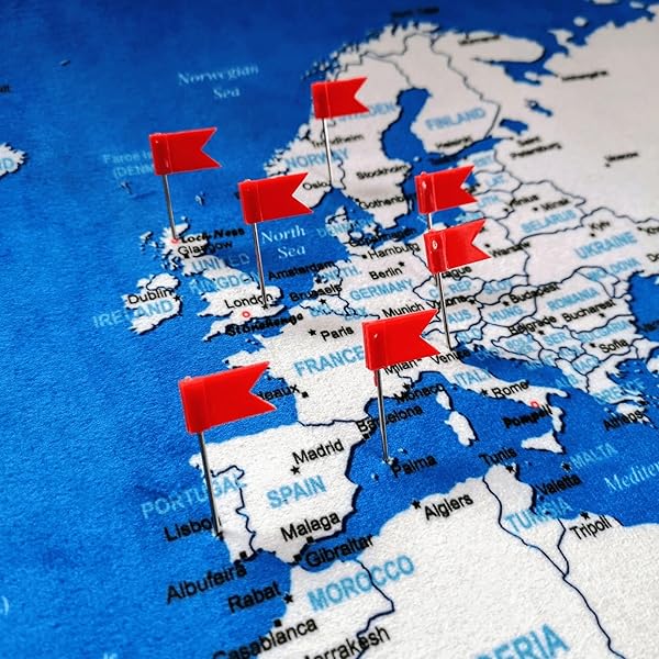 WORLD MAP XXL 51 X 28 INCHES IN ‘ERROR BLUE’, FLEECE WALL HANGING AS TRAVEL PIN BOARD IN MODERN WALL ART DESIGN, 20 FLAG PUSH PINS INCLUDED