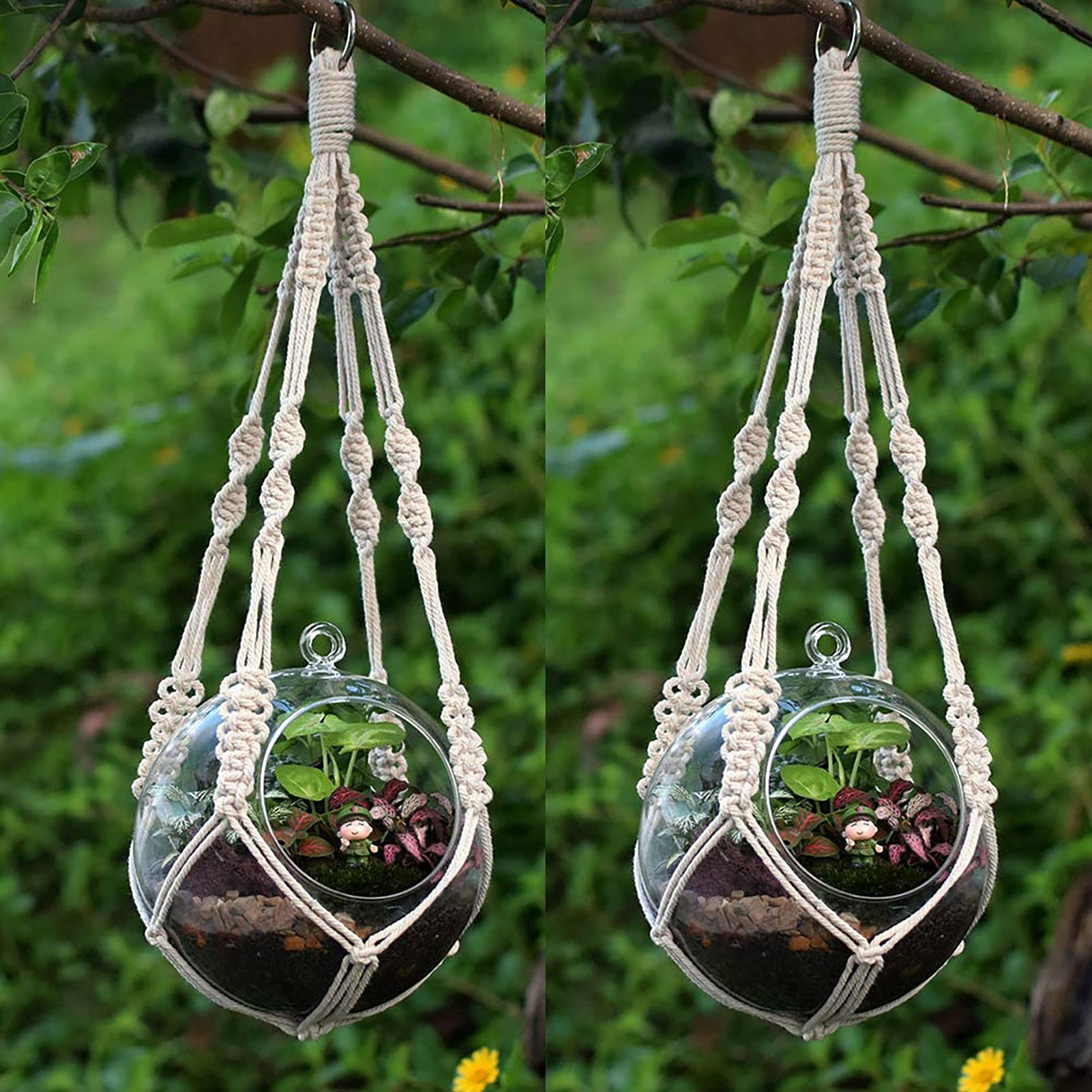 YCDC Macrame Plant Hanger Natural Manual Knitted Cotton Cord, Hanging Basket With Ring 20"/51cm 2Pcs Set