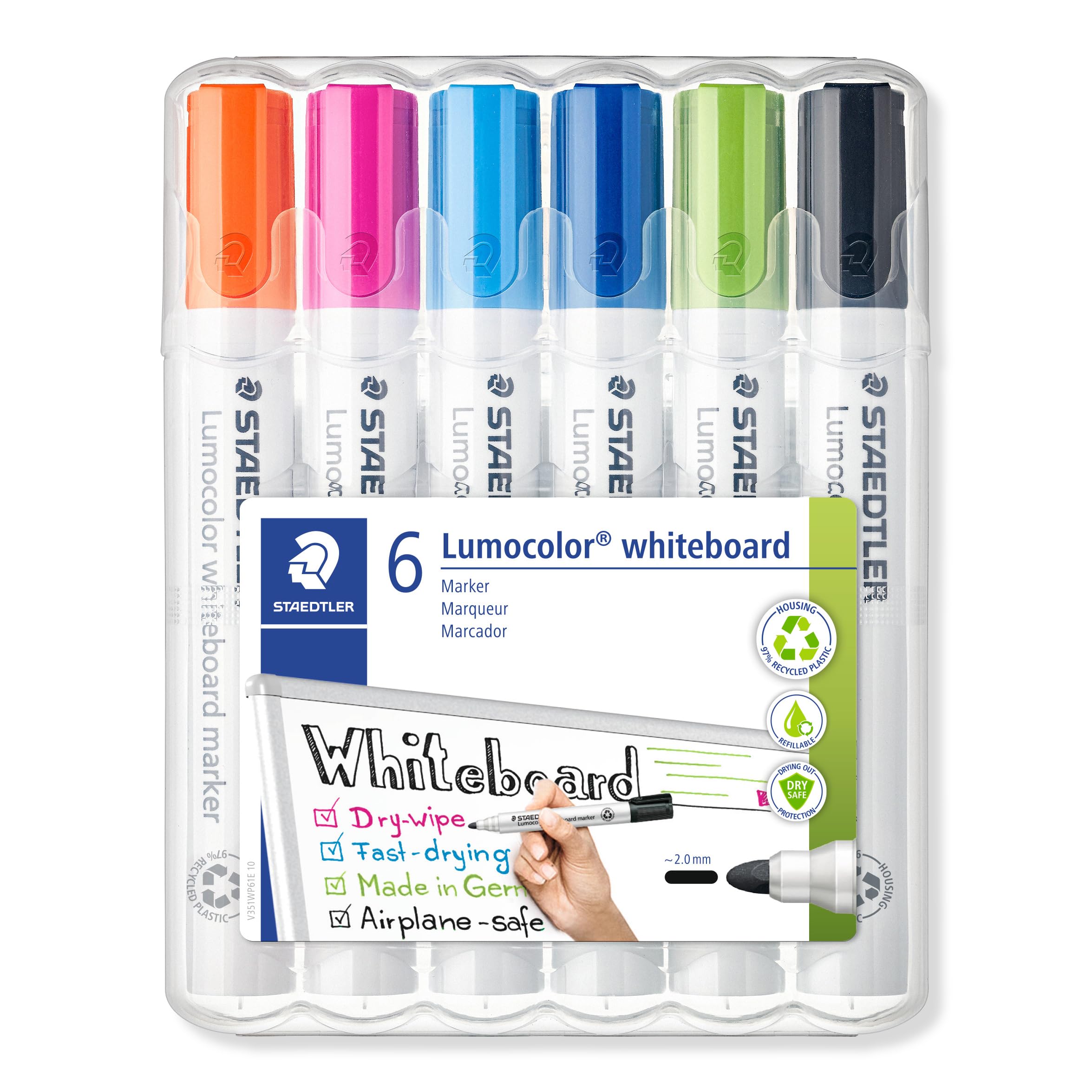 STAEDTLER 351 WP6-1 Lumocolor Whiteboard Marker Bullet Tip - Assorted Colours (Pack of 6)