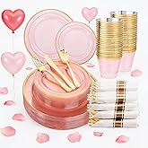 WELLIFE 210Pcs Clear-Pink Plastic Dinnerware- Pink and Gold Plastic Dinnerware include 30 Dinner Plates, 30 Dessert Plates, 90 Gold Silverware, 30 Cups and 30 Napkins Perfect for Parties