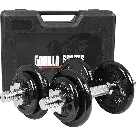 GORILLA SPORTS® Koffer Kurzhantel-Set 20 kg Gusseisen mit Hantelstangen, Gewichten und Sternverschlüssen