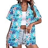 Womens Hawaiian Shirt Hawaii Button Down Shirts Palm Floral Tropical Vacation Outfits Casual Summer Trip Blouse Top