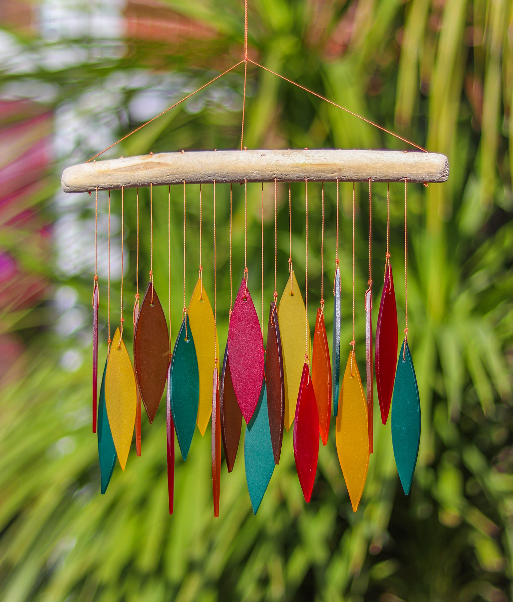 My Family House Glass Wind Chime Recycled Glass and Bamboo Driftwood Garden Chime Hanging Outdoors Indoors Multicoloured Fairtrade Eco Friendly Handmade Fairtrade