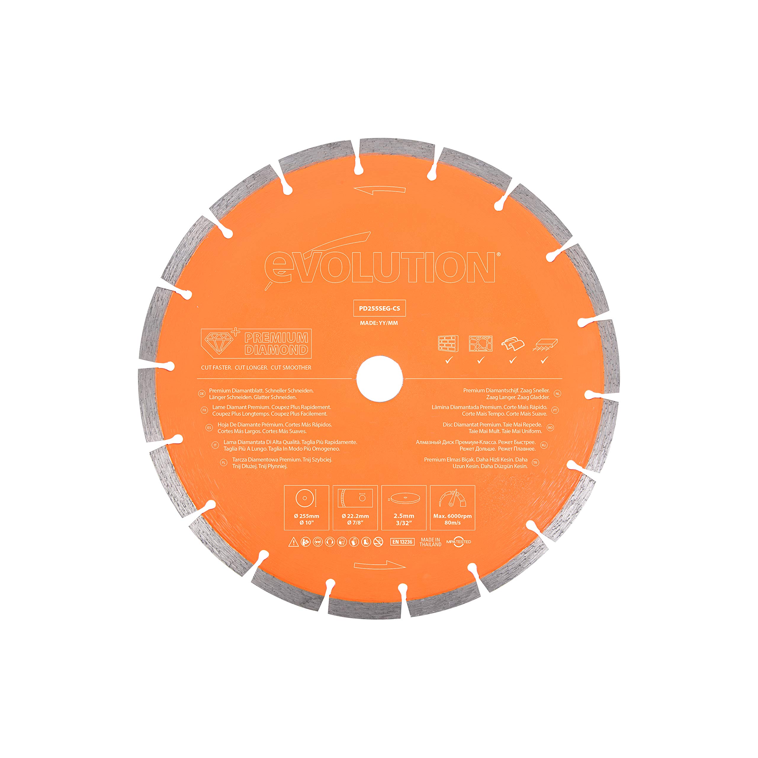 Evolution Power Tools PD255SEG-CS Premium Multi Material Diamond Blade For Disc Cutters - Fast Cutting and Long Blade Life - Ideal for Cutting Brick, Roof Tile, Paving, Reinforced Concrete, 255 mm