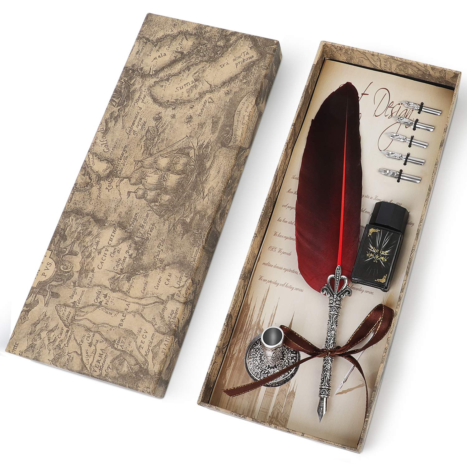 Set Penna Piuma Calligrafica - Con Calamaio, Pennini Metallici E Piuma, Stile Vintage Per Scrivania - Foto 2