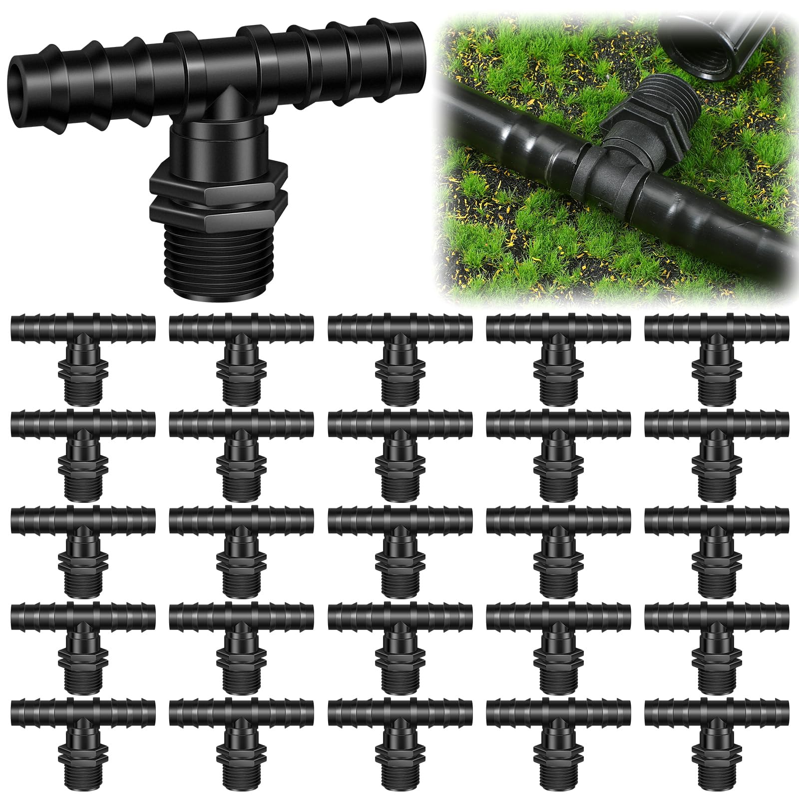 Photo 1 of Tellegloww 25 Pack 1/2" Inch Drip Irrigation Connectors MNPT Adapter Tee Hydroponics Barbed Connector Fitting Line Connectors for Drip Sprinkler Garden Systems