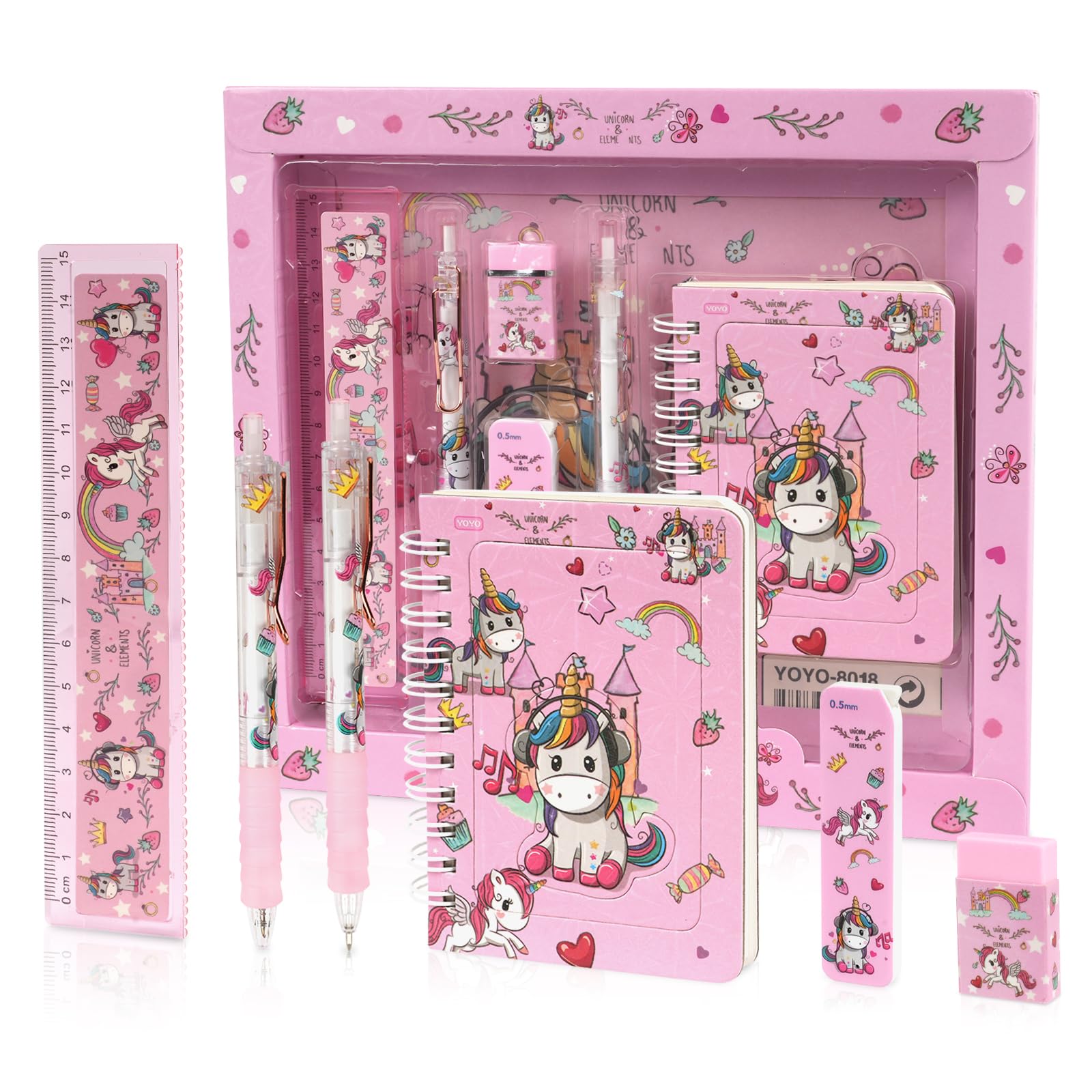 OFFCUP Kids Stationery Set - Unicorn Gift Includes Gel Pen, Mechanical Pencil, Rulers, Eraser, Pencil Sharpener and Notebook