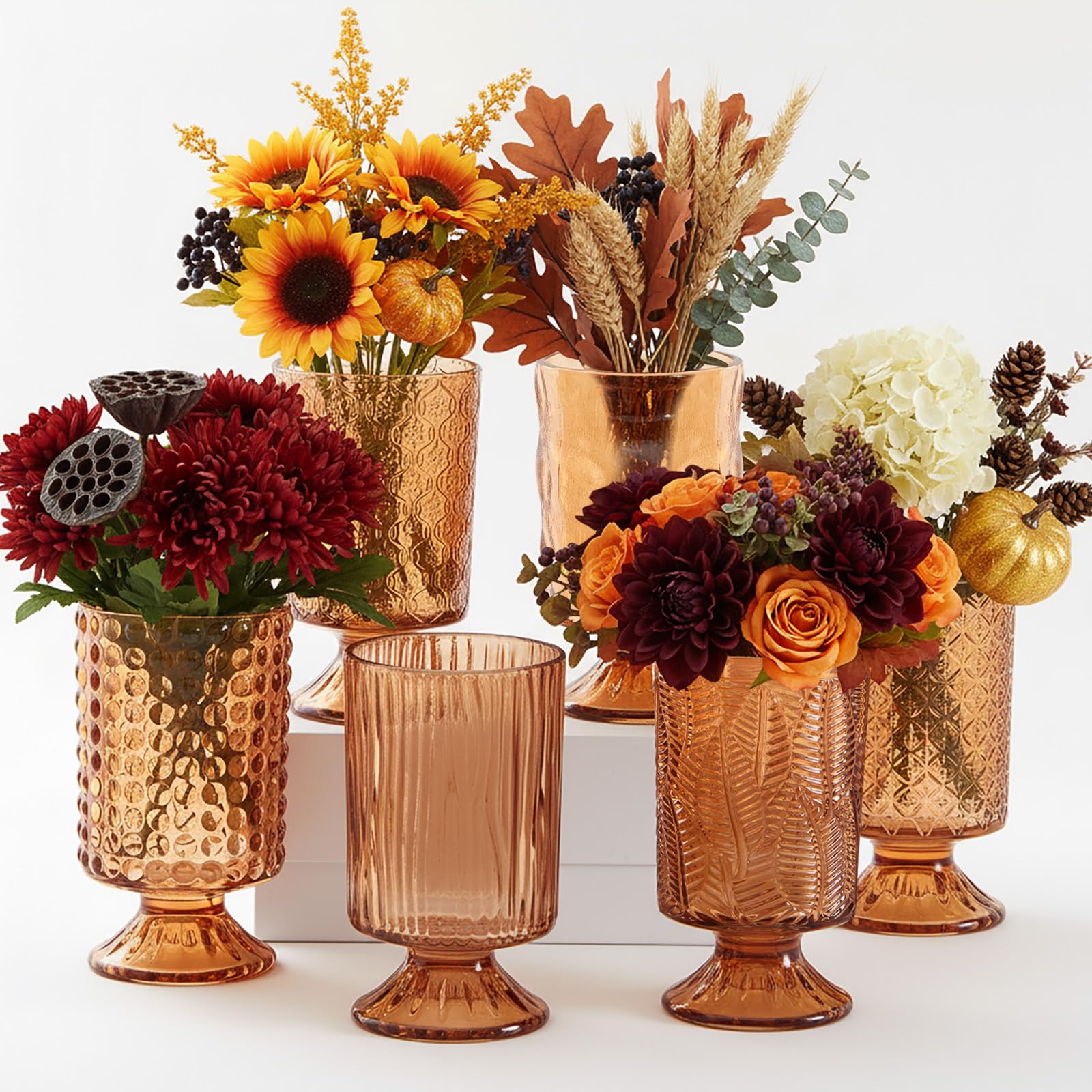 Photo 1 of Ninehaoou 6 Pcs (H:7" W:4") Embossed Flower Vase Fall Pedestal Glass Vase Big Base Thickened Crystal Vintage Vases for Autumn Wedding Home Decor Table Centerpiece House Warming Gifts(Amber)