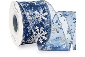 Ribbli Snowflake Glitter Wired Ribbon, Navy Organza Sheer with Silver Glitter Snowflake Pattern and Silver Metallic Edge,2-1/2 Inch x 10Yards Christmas Ribbon for Tree Decoration
